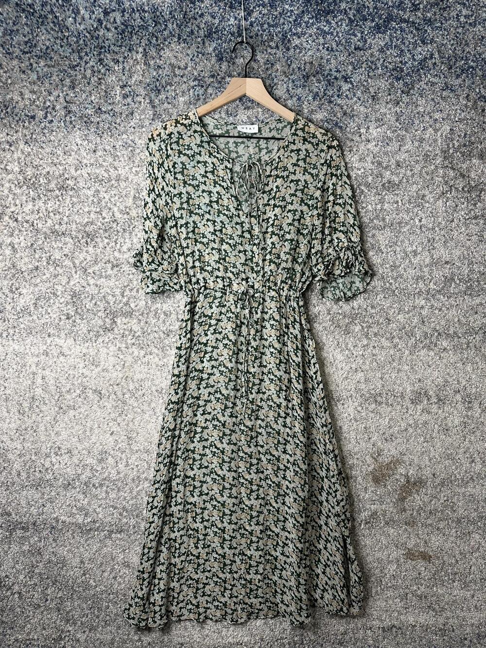 WRAY Dress Womens Medium Green Floral V Neck Maxi Puff Sleeve Ruffle Pockets